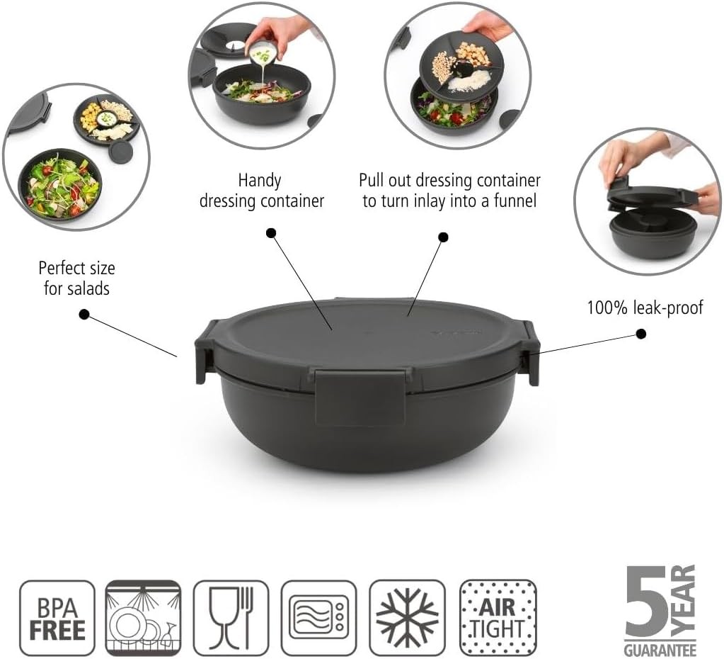 Make & Take Salad Bowl W/ Removable Tray Toppings & Dressings Dark Gray 100%