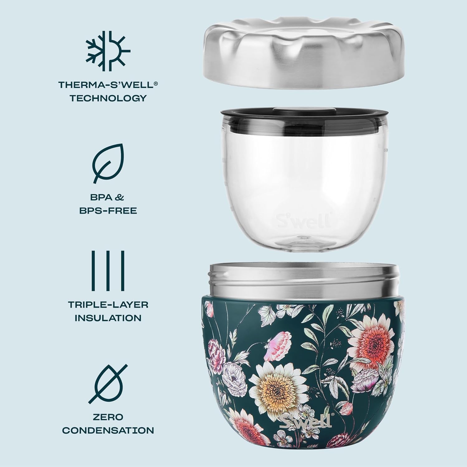 Stainless Steel Food Bowls, 21.5oz, Midnight Botanical, Triple-Layered Vacuum