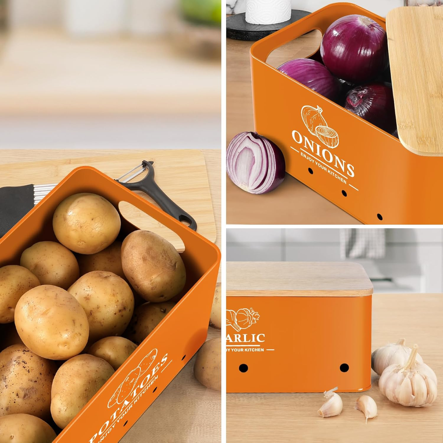 Kitchen Vegetable Storage Set of 3, Metal Onion Garlic Potato Storage Set, Kitch