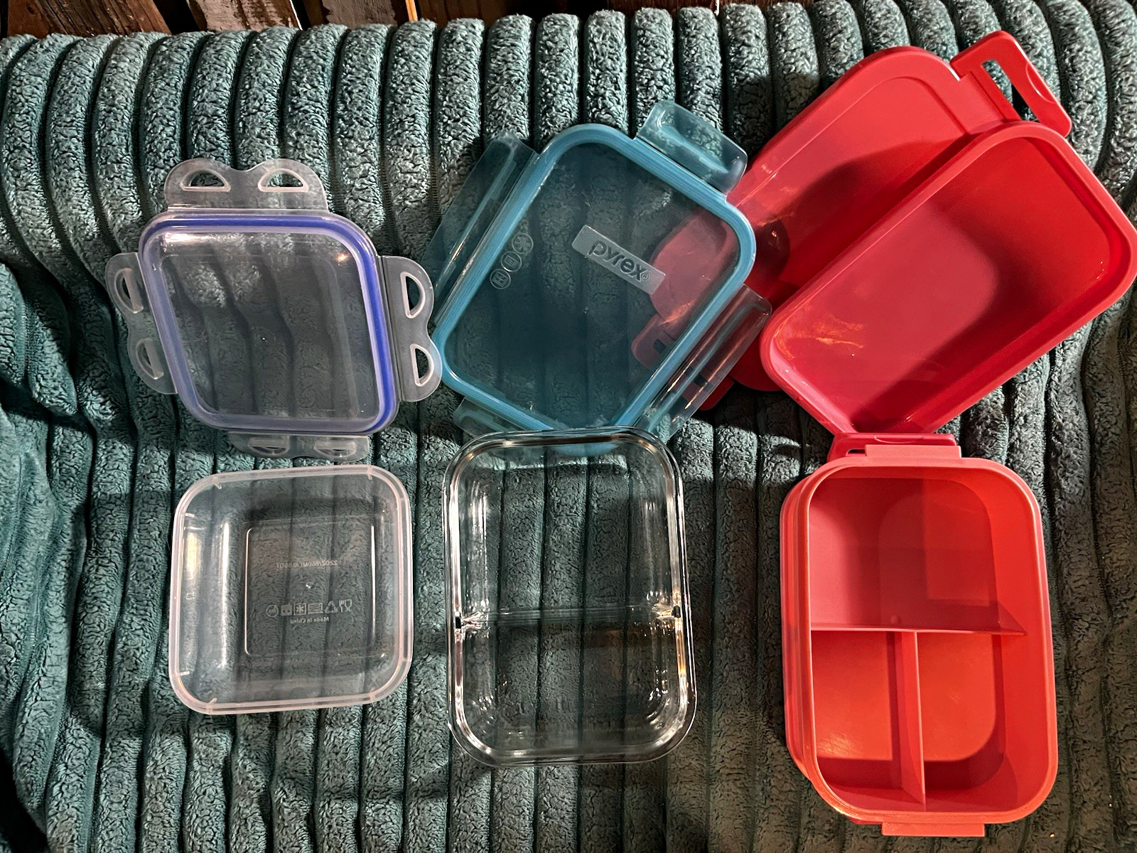 Three separate pieces￼of storage wear￼ one piece is glass and Pyrex. The other t