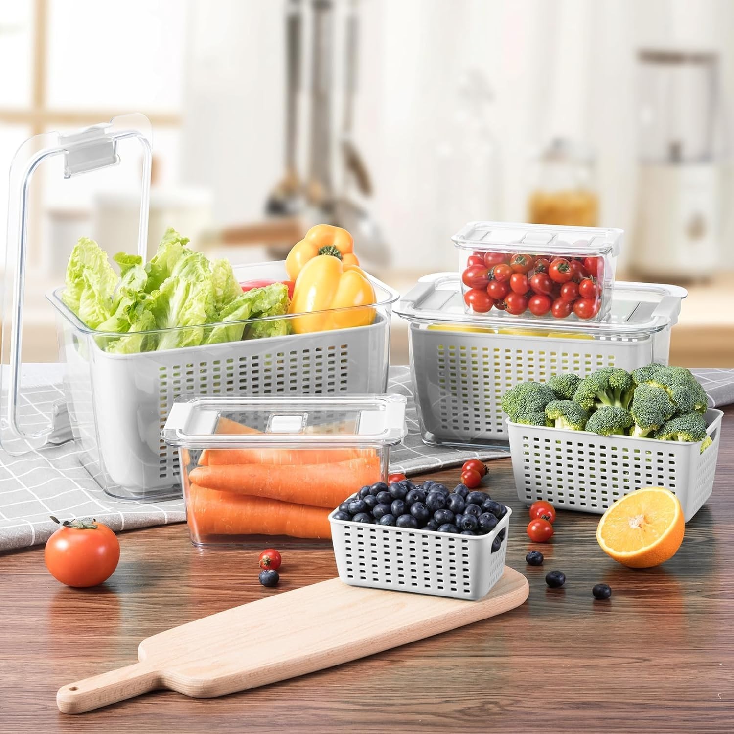 4 Pack Fruit Vegetable Containers for Fridge, Produce Saver Container with Li…