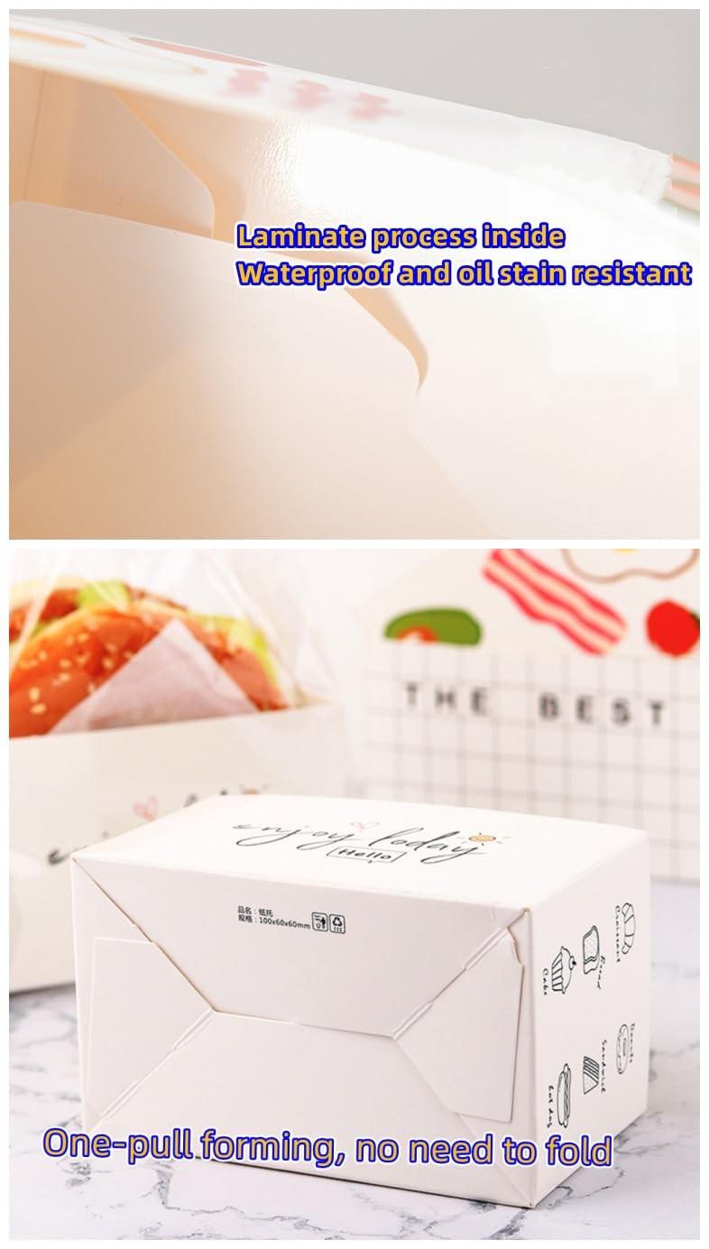 50 Pack Paper Take Out Containers, Mini Burger Sandwich Boxes, 50 Oil Sheets