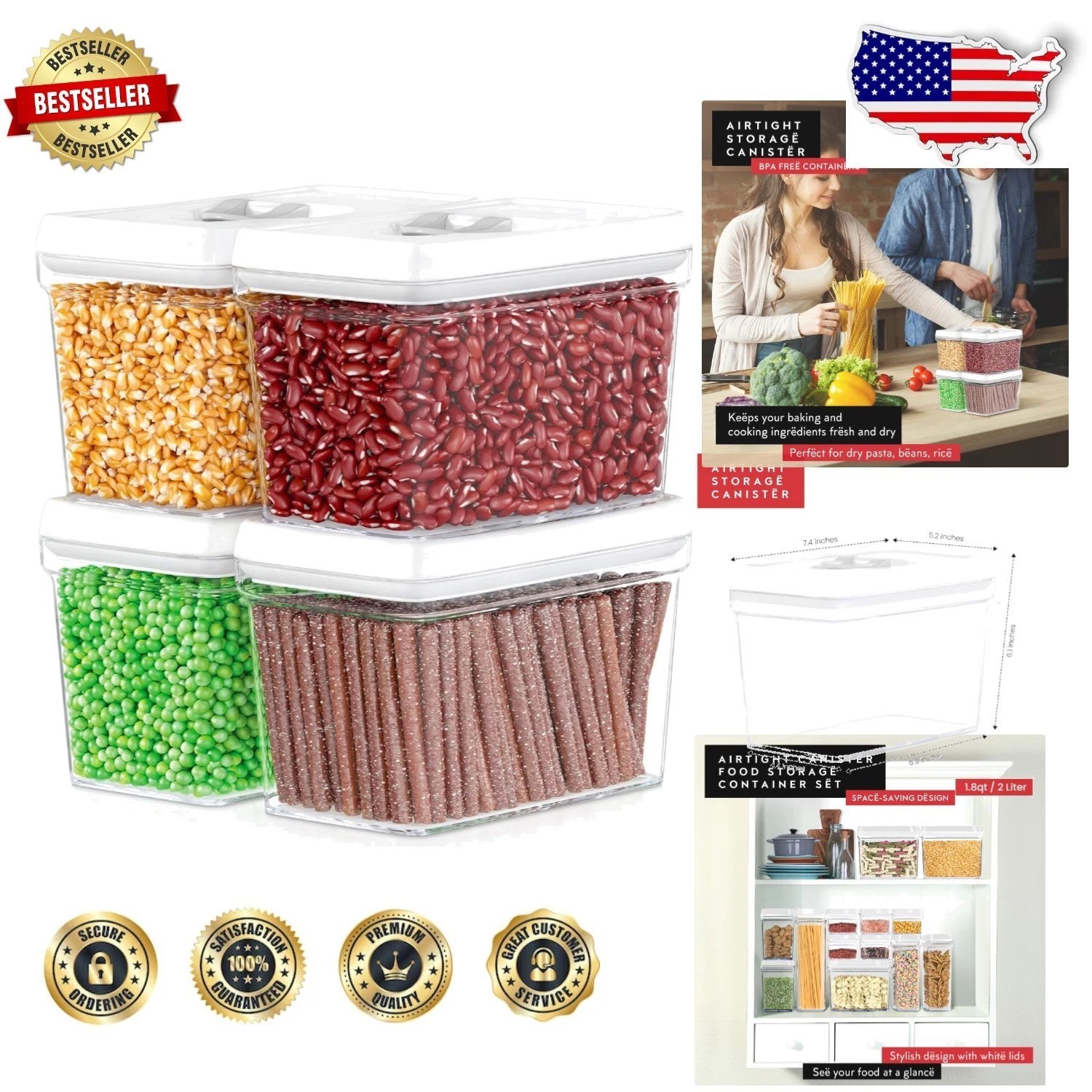 Durable 2L Airtight Food Storage Containers 4 Pc White Lid BPA-Free Shatterproof