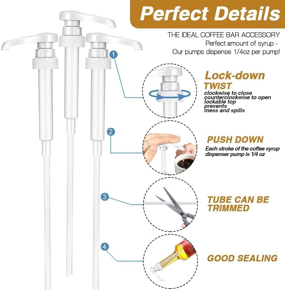 Syrup Pumps 6 Pack White Leak Proof Dispenser Fits 25.4 Oz Bottle Coffee