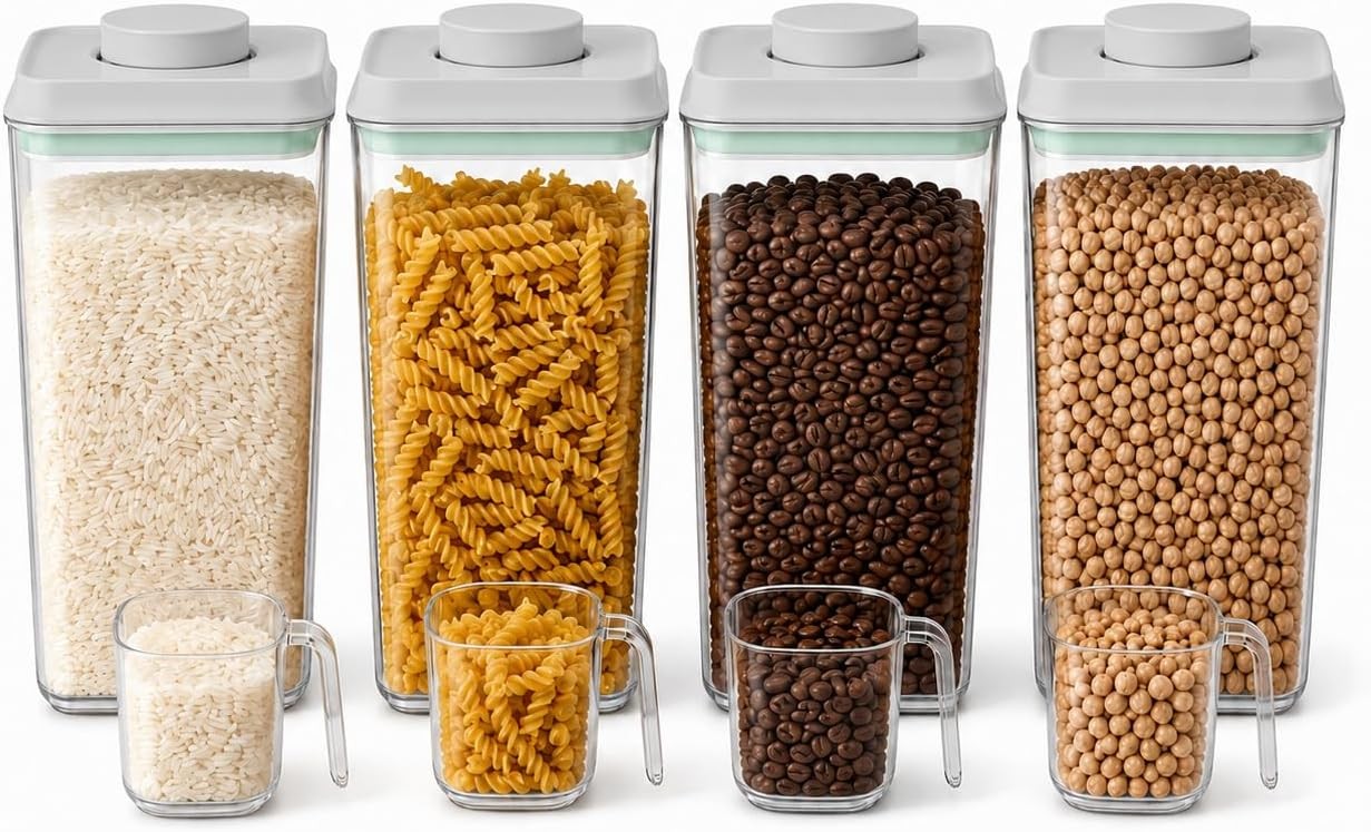 POP Airtight Flour-Rice Food-Storage Container – 4L/4.2Qt Jar with Lid(4Pc) and