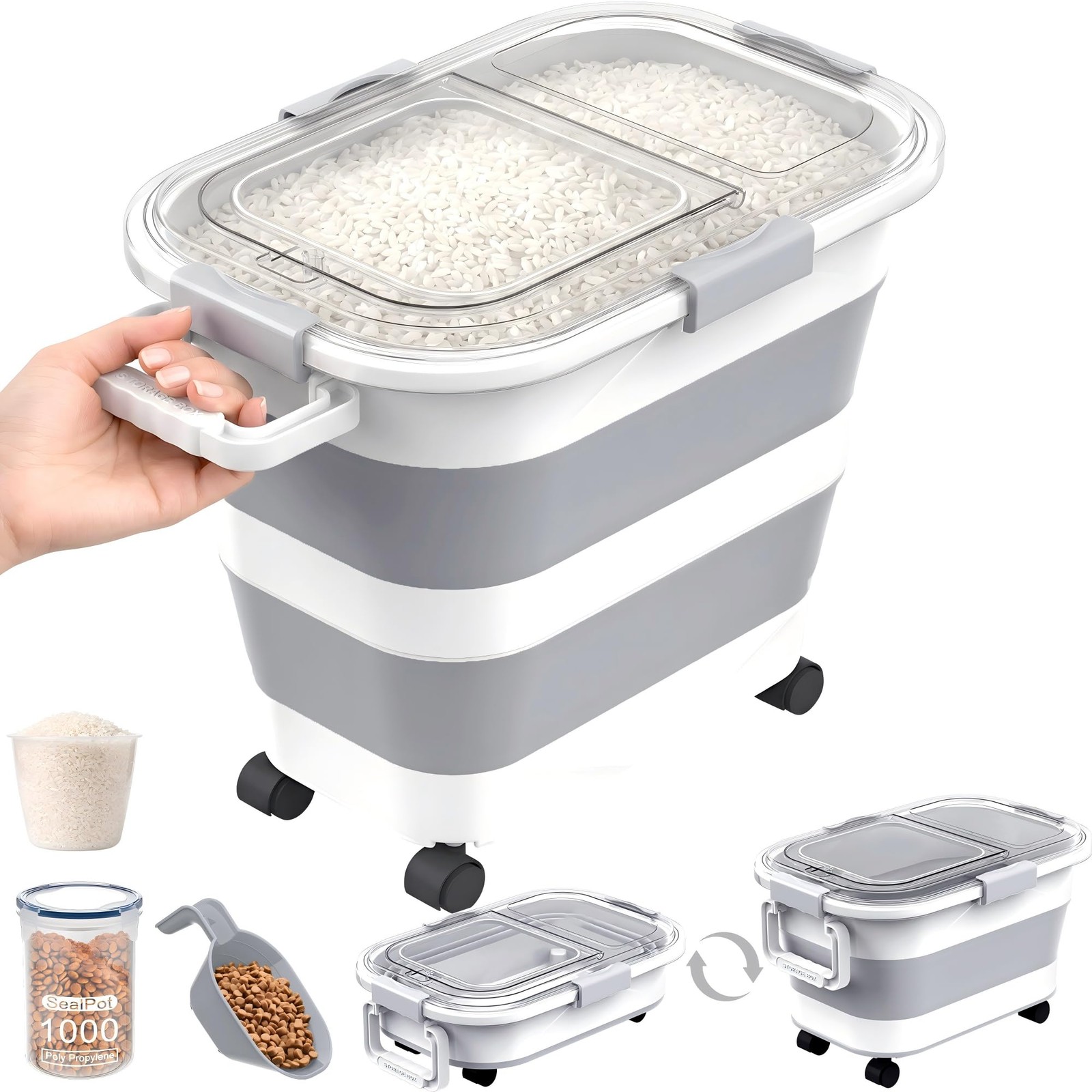 30 Lbs Rice Storage Container with Wheels, Collapsible Airtight Dog Food Stor…