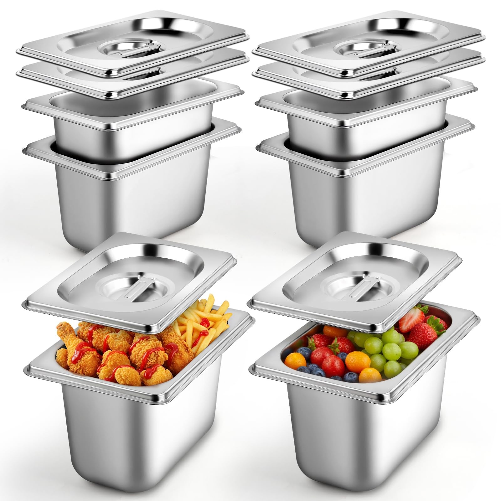 6 PCS 1/9 Size Hotel Pan With Lid 4 Inch Deep Stainless Steel Steam 5.3×2.7