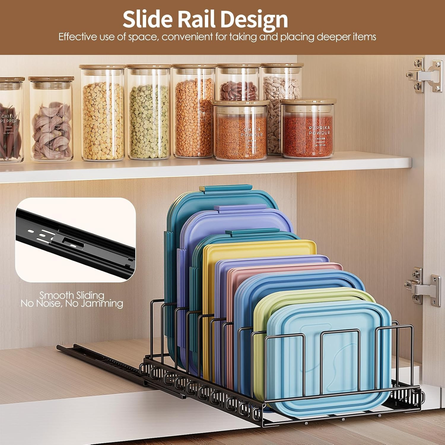 Sliding Lid Organizer for Tupperware – Pull Out Rack with 10 Dividers