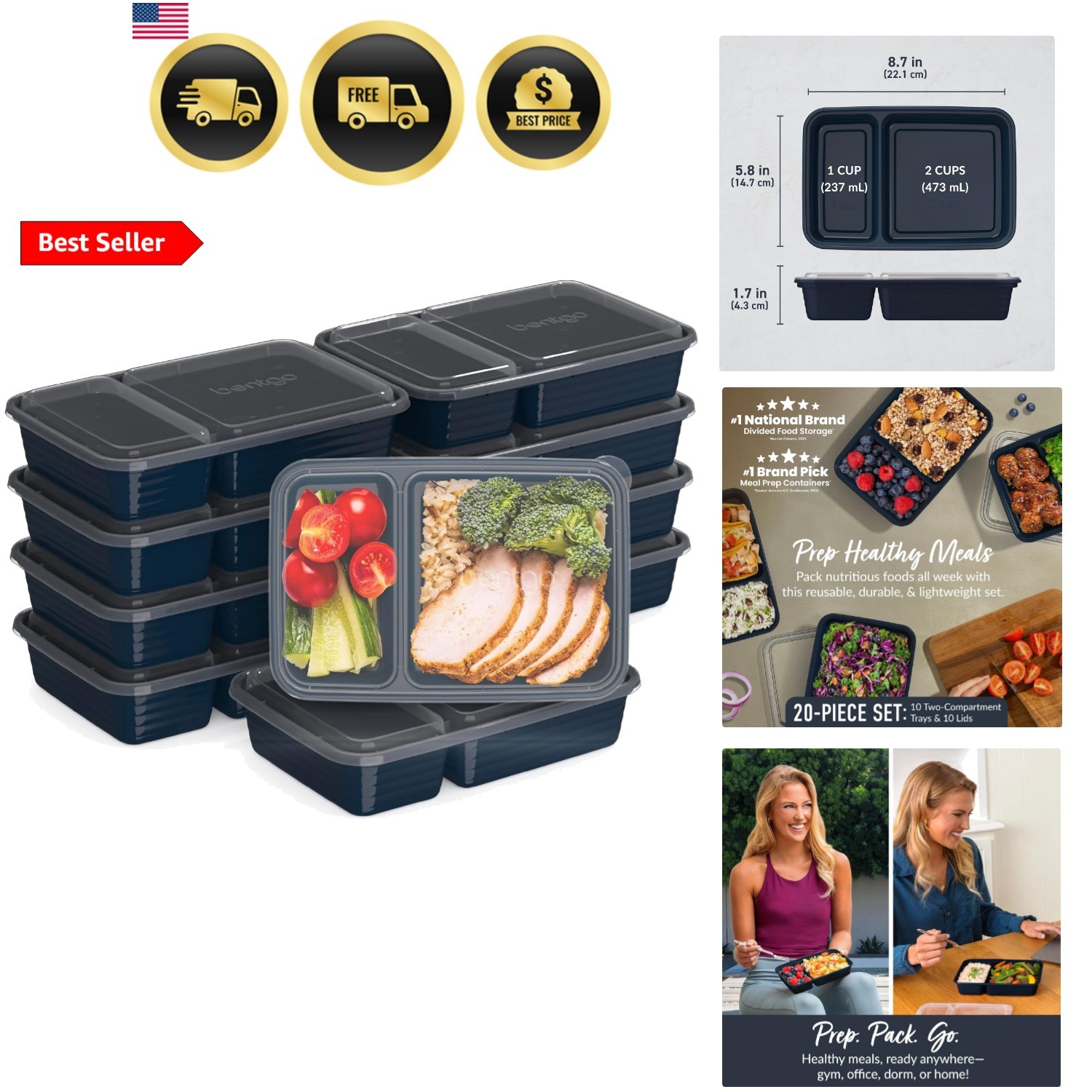 Prep – 20-Piece 2-Compartment Reusable Meal Prep Containers with Lids, PFAS &…