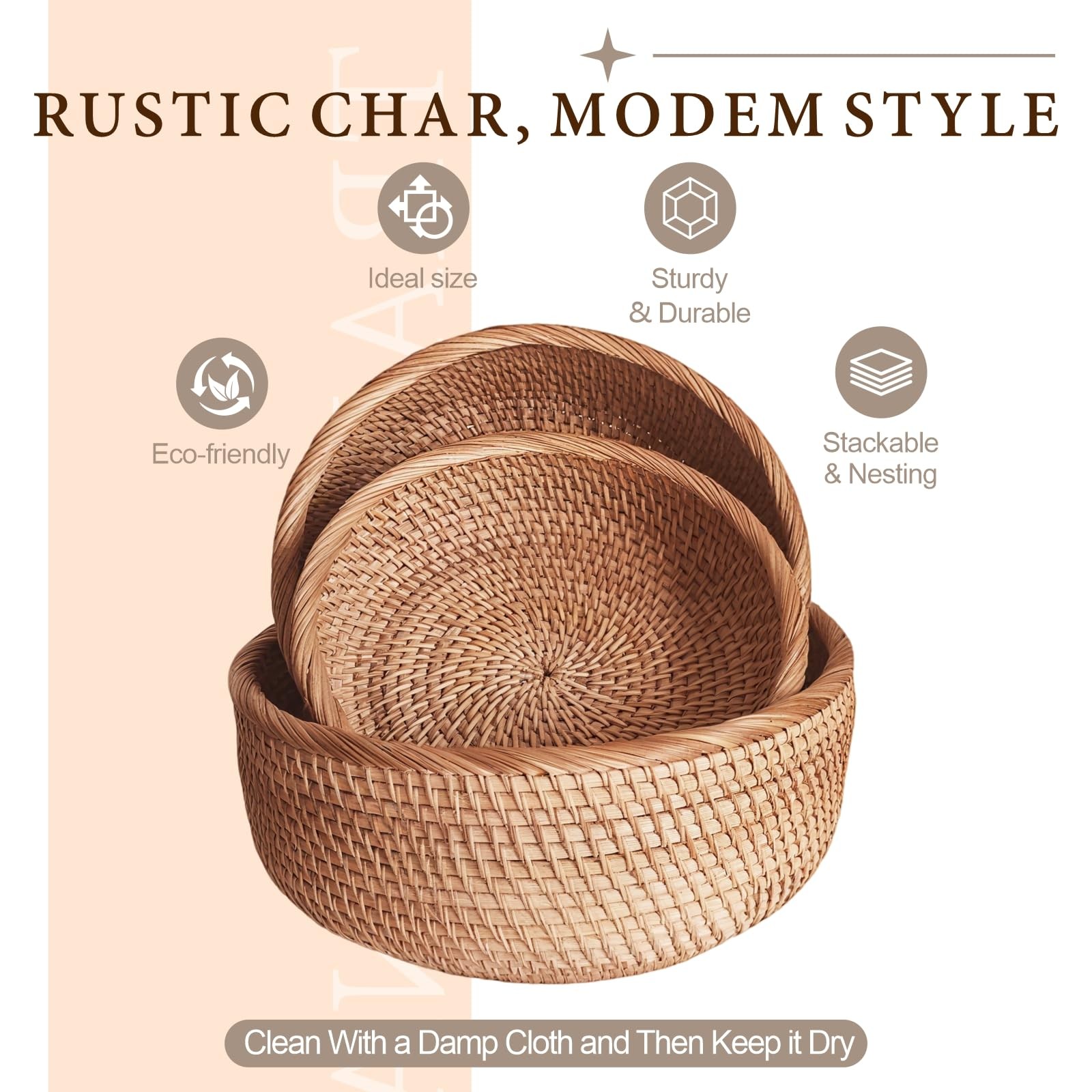 9.2″ Medium Round Rattan Wicker Bread Basket, Natural Fruit Basket for Kitche…