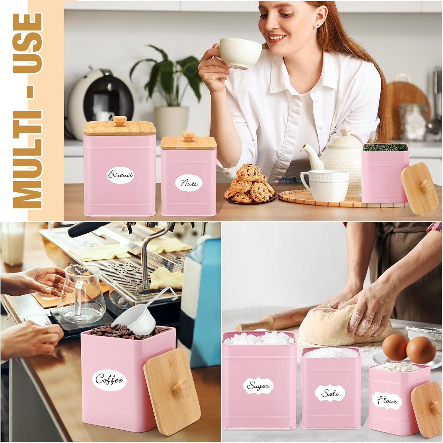 Kitchen Canisters for Countertop Set of 3 Metal Canisters Sets with Bamboo Lids