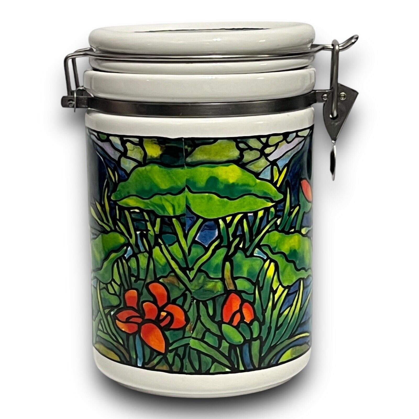 Tiffany Style Ceramic Locking Jar Museum Co. Stained Glass Art RARE Vintage