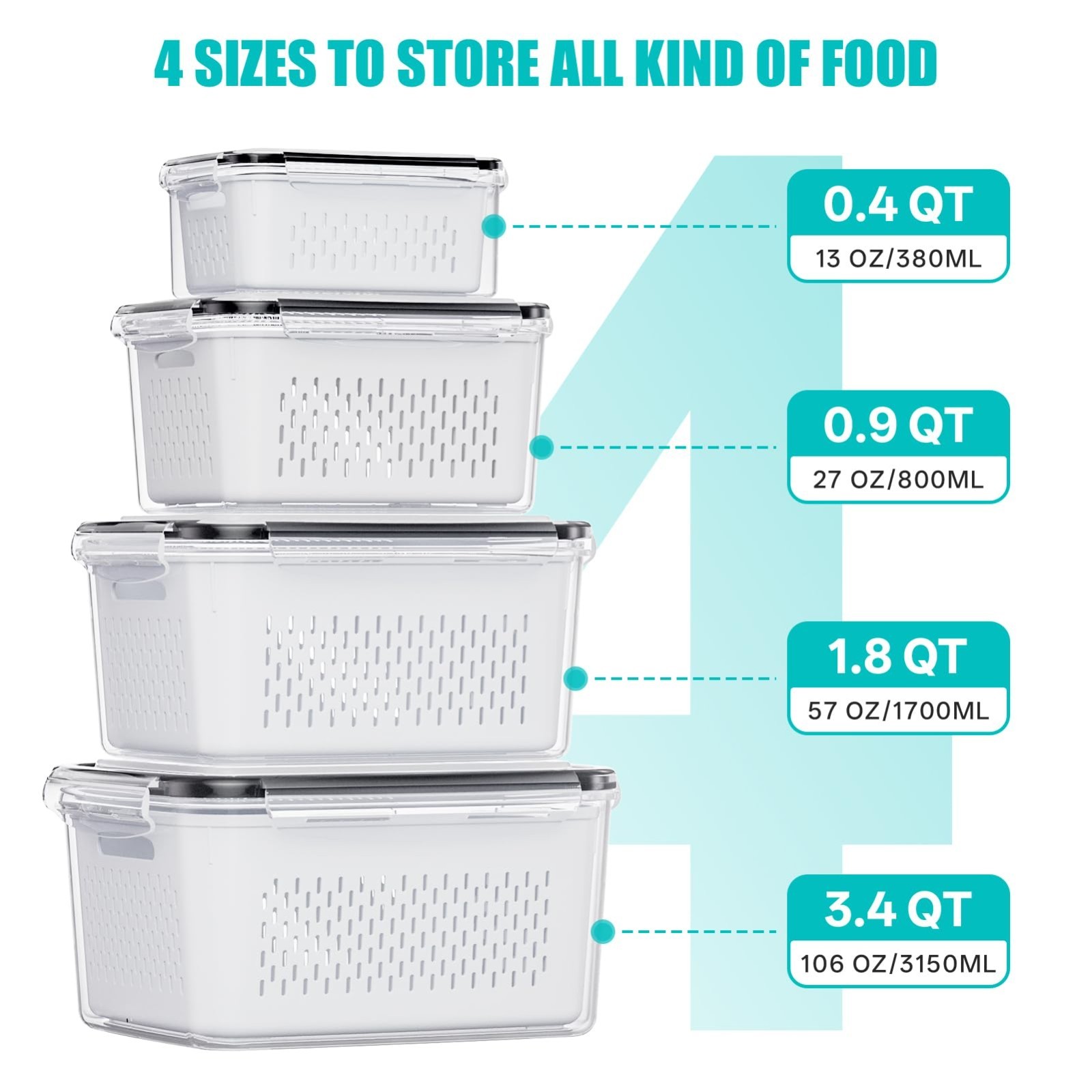 4 Pack Fruit Storage Containers for Fridge – Produce Organizers with Strainer, R