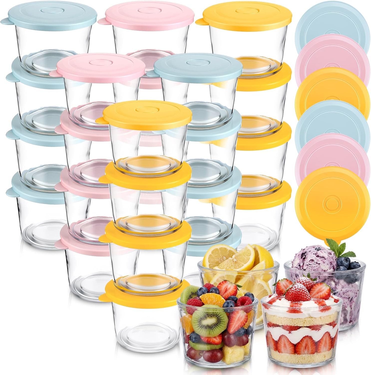 24 Pack Small Glass Bowls with Lids 8.5oz Mini Glass Custard Cups Stackable