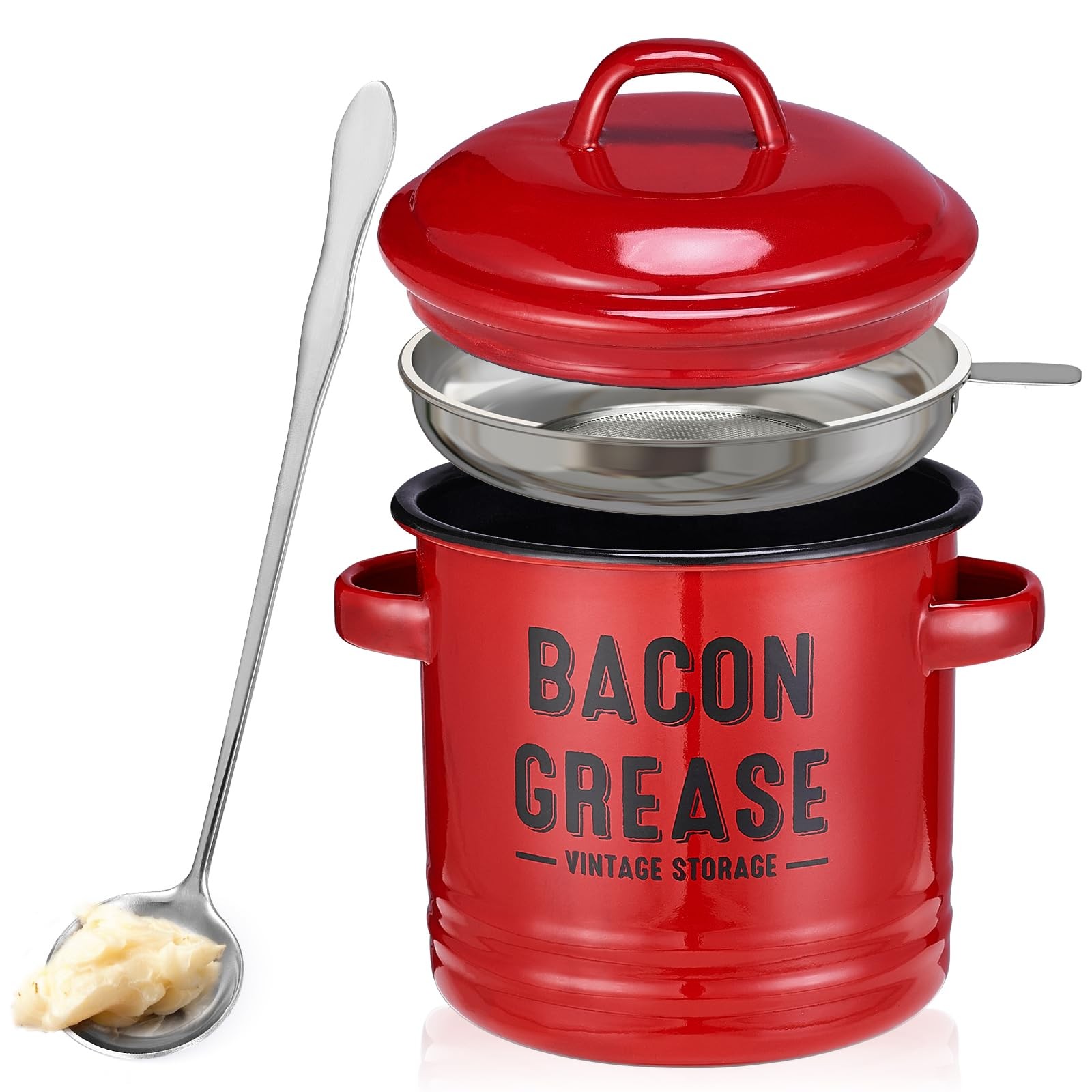 Bacon Grease Container with Strainer – Large 46OZ Red Kitchen Oil Storage Can…