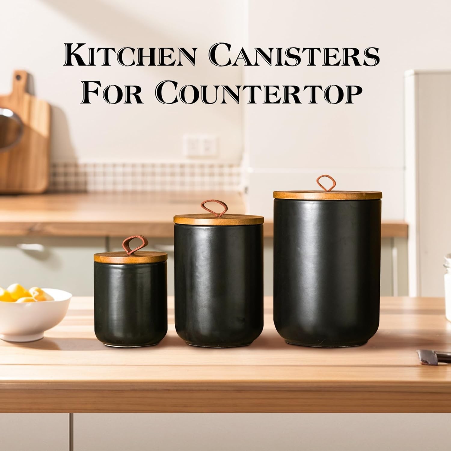 Black Ceramic Canister Set with Wooden Lid, 3-Piece Airtight Food Storage Jars