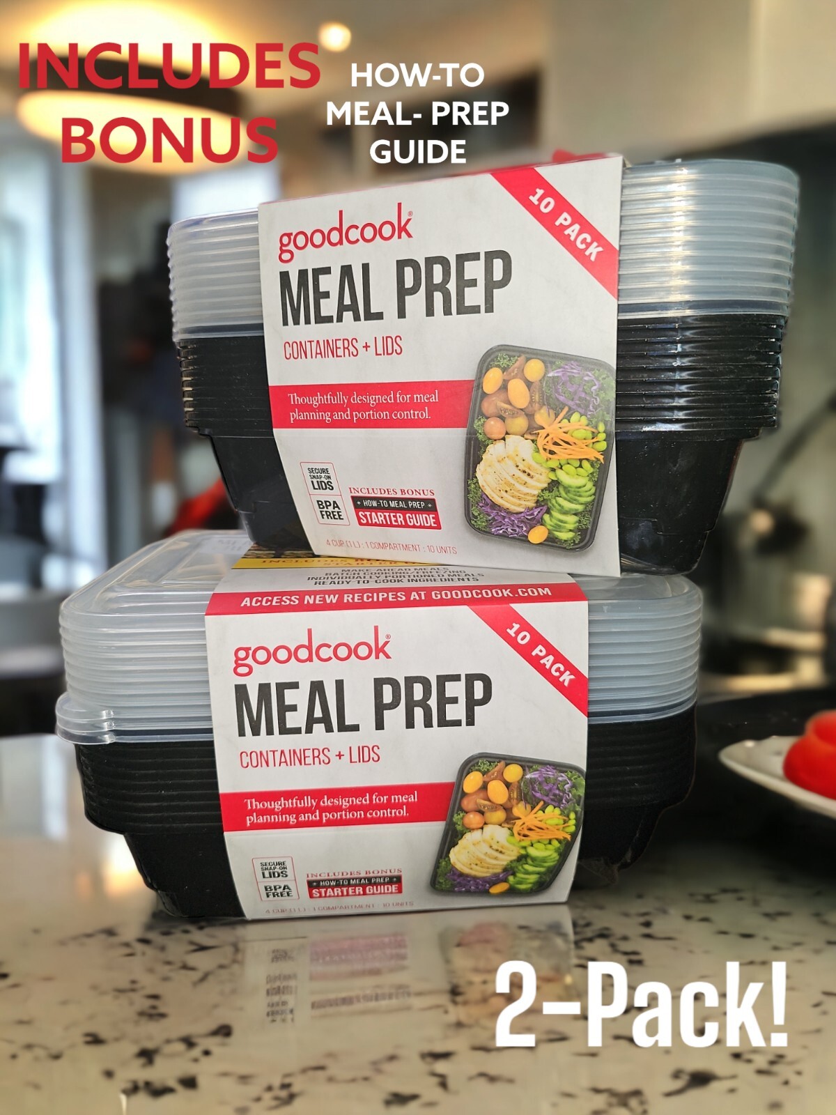 GoodCook 2 Compartment Meal Prep Containers & Lids, Black / Clear, 10 Pack