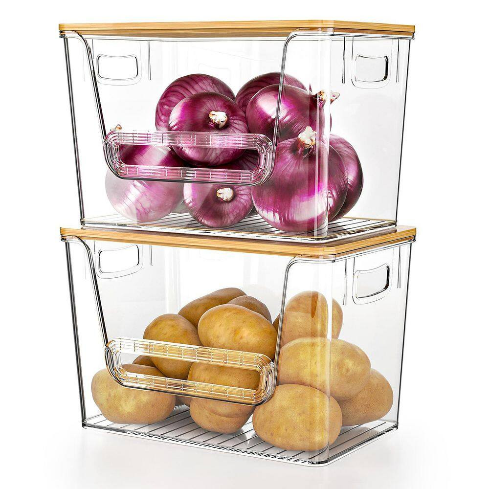Stackable Pantry Organizers W/ Bamboo Top, Clear Acrylic Bins for Kitchen/Pantry