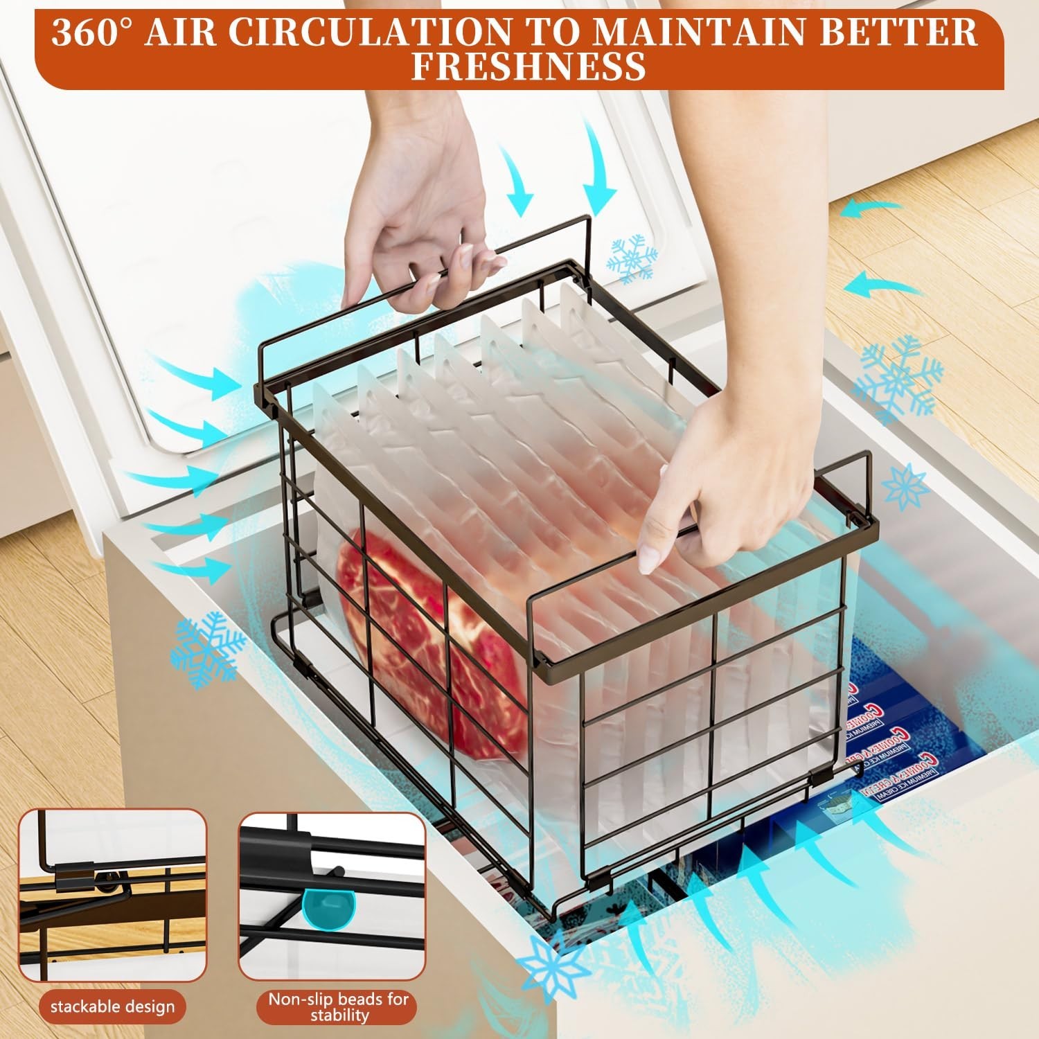 Stackable Freezer Organizer Bins – Expandable Collapsible 4 Pack, Black Wire Bas