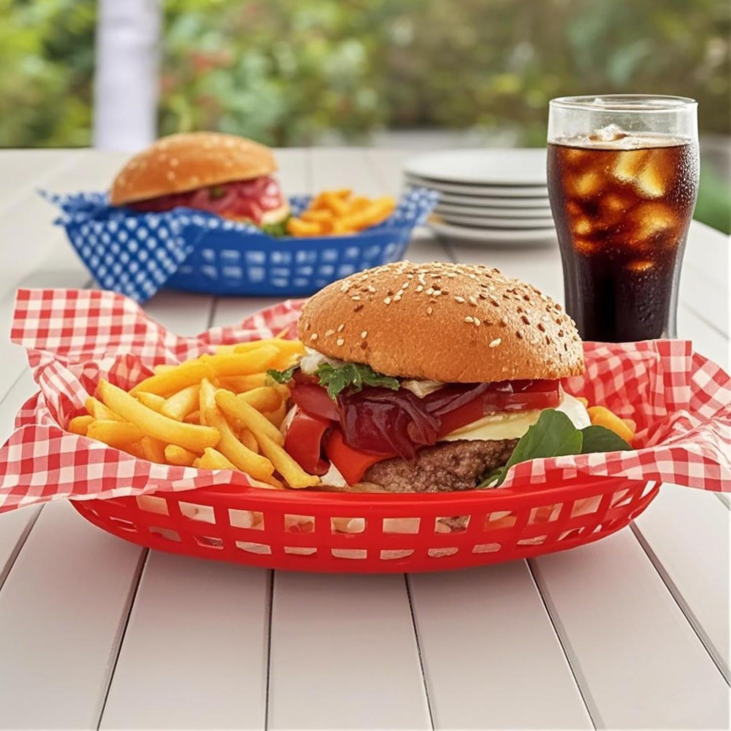 60 Pack 8.9 x 5.5 Inches Red Fast Food Baskets, Plastic Food Serving Baskets, Ov