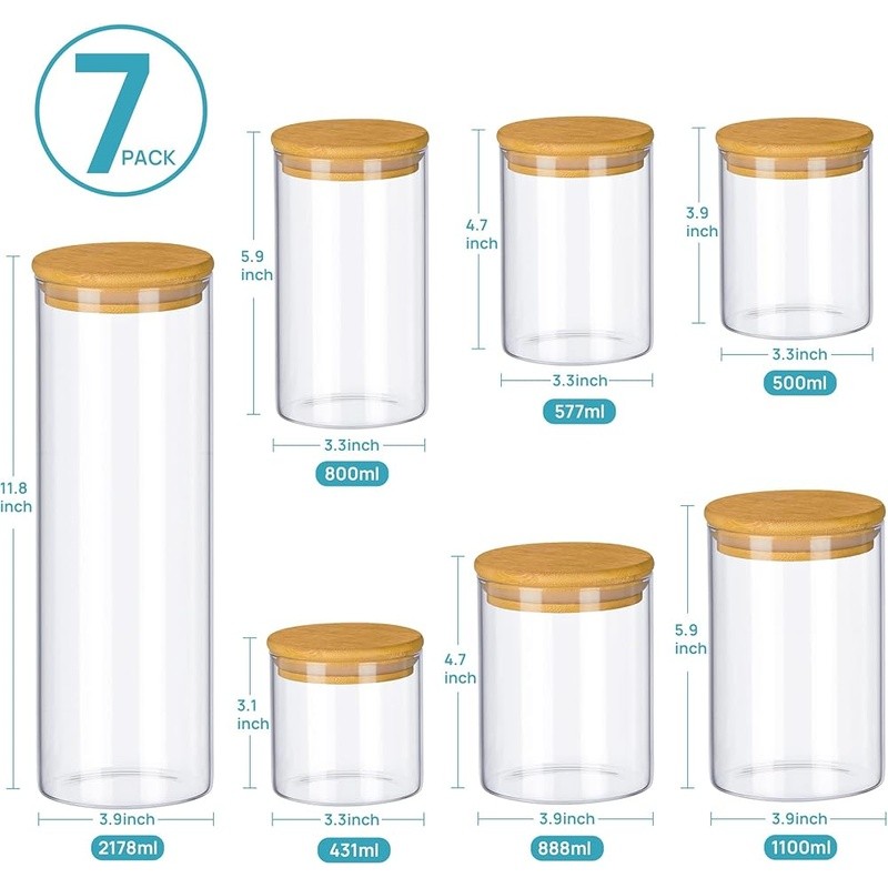 Premium Glass Storage Jars Set W/ Bamboo Lids 7pcs Ideal Food Organization New