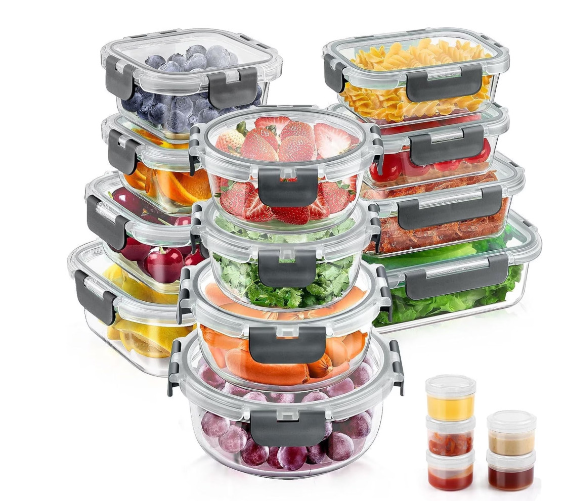 34pcs Glass Food Storage Containers with Lids – 17 Pack Airtight Meal Prep Grey
