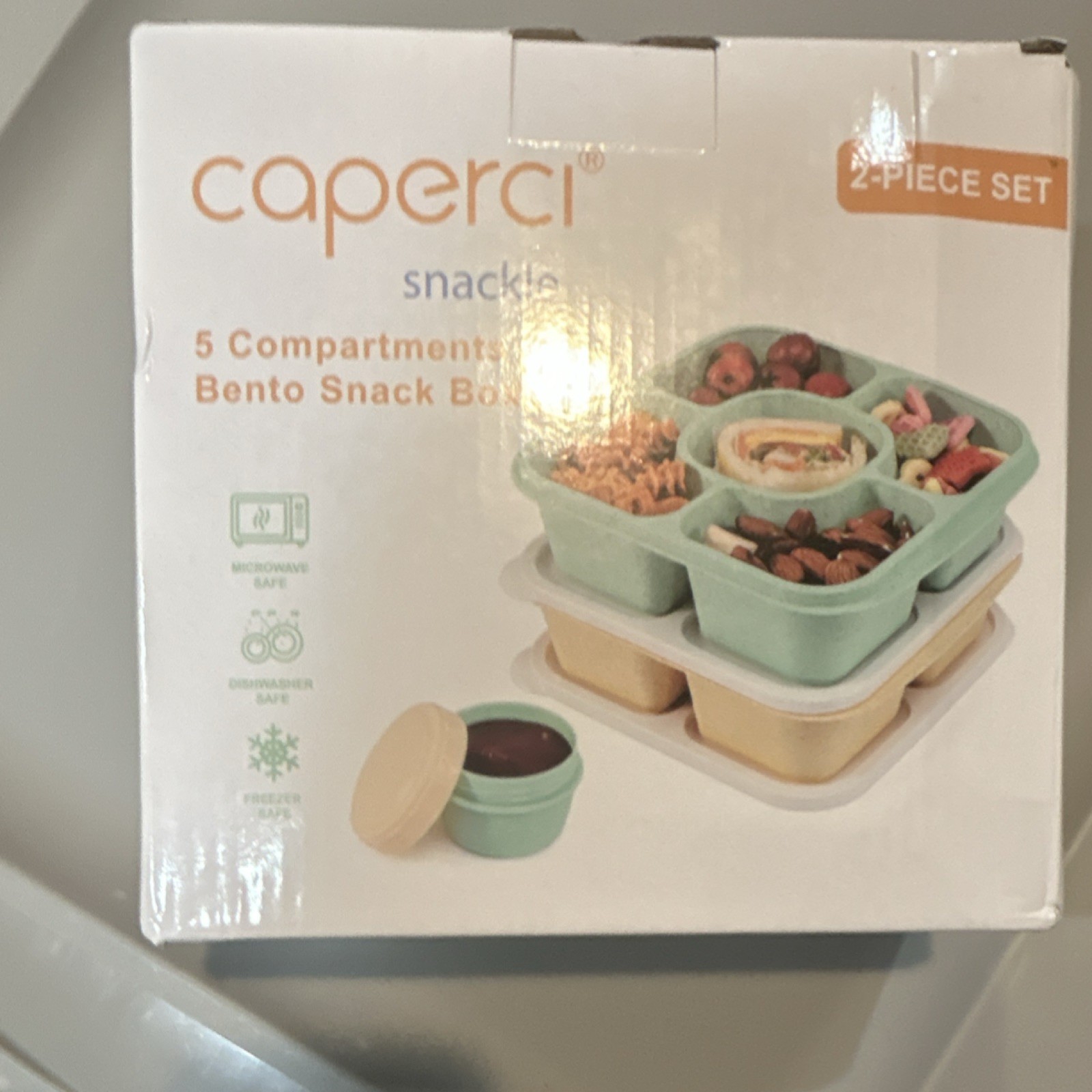 Caperci Snackle 5 Compartment Bento Snack Box Set of 2 Green Yellow Microwave S…