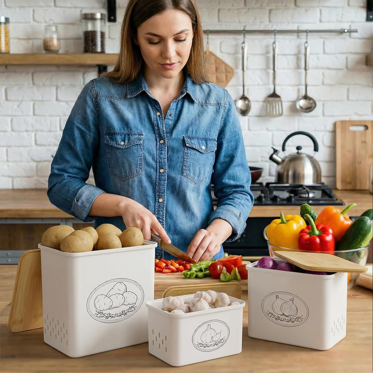 Plastic Potato and Onion Storage Bin, Stackable Garlic Keeper with Aerating Hole