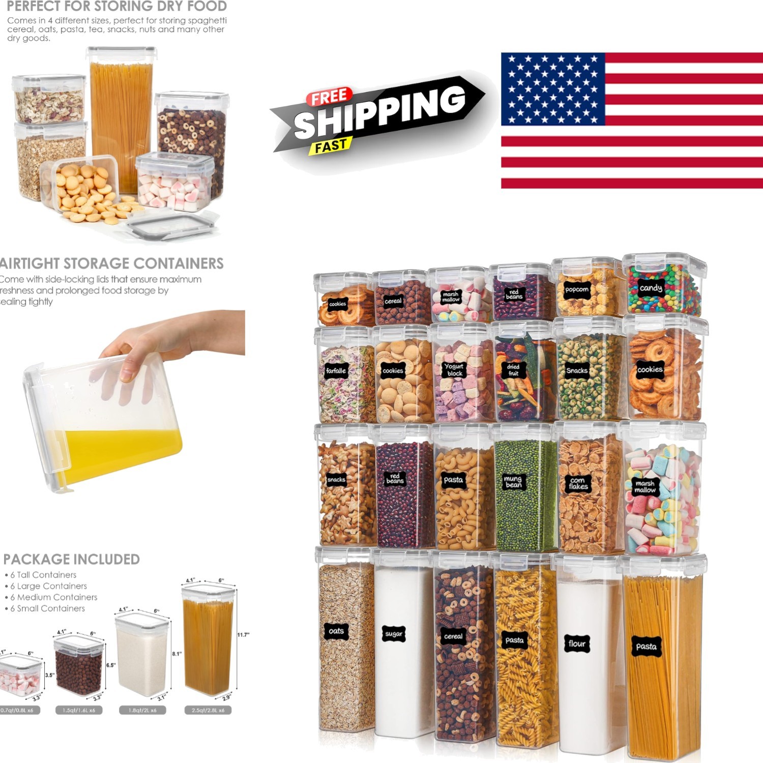 Kitchen Storage Canisters 24 Piece Set Airtight Plastic Containers with Labels