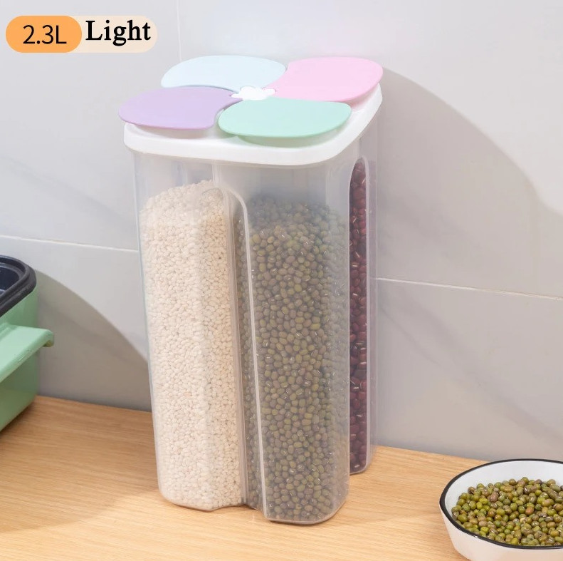 1pc Plastic 4 Grid Cereal Storage Container Sealed Food Jar Kitchen Box – NEW