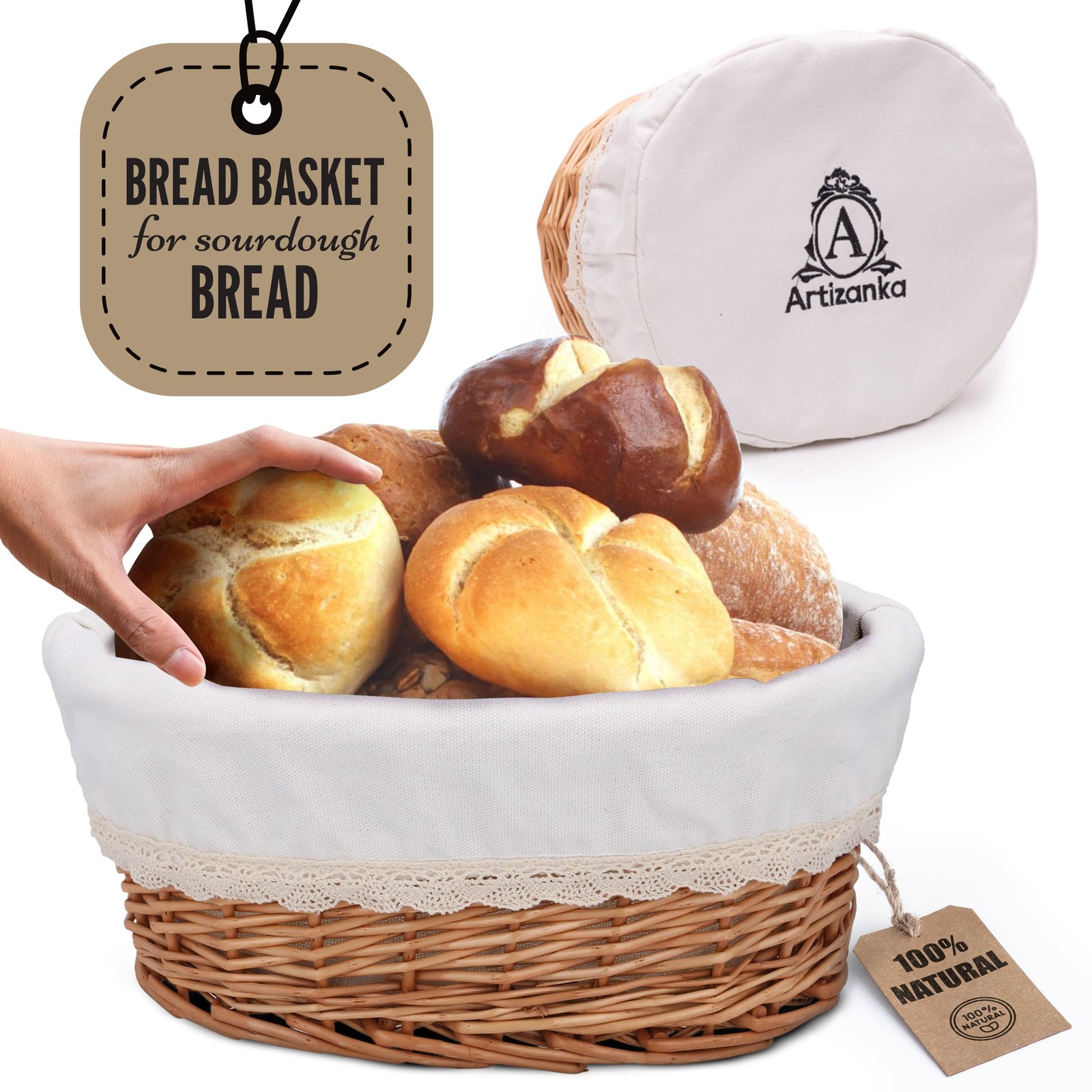 Large Wicker Bread Basket with Removable Linen Liner and Cover – Handmade Rat…