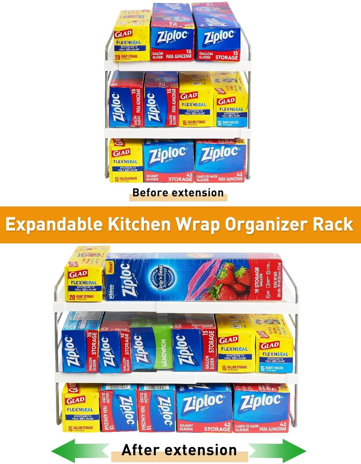 Foil and Plastic Wrap Organizer, Expandable Kitchen Pantry Storage, Height Adjus