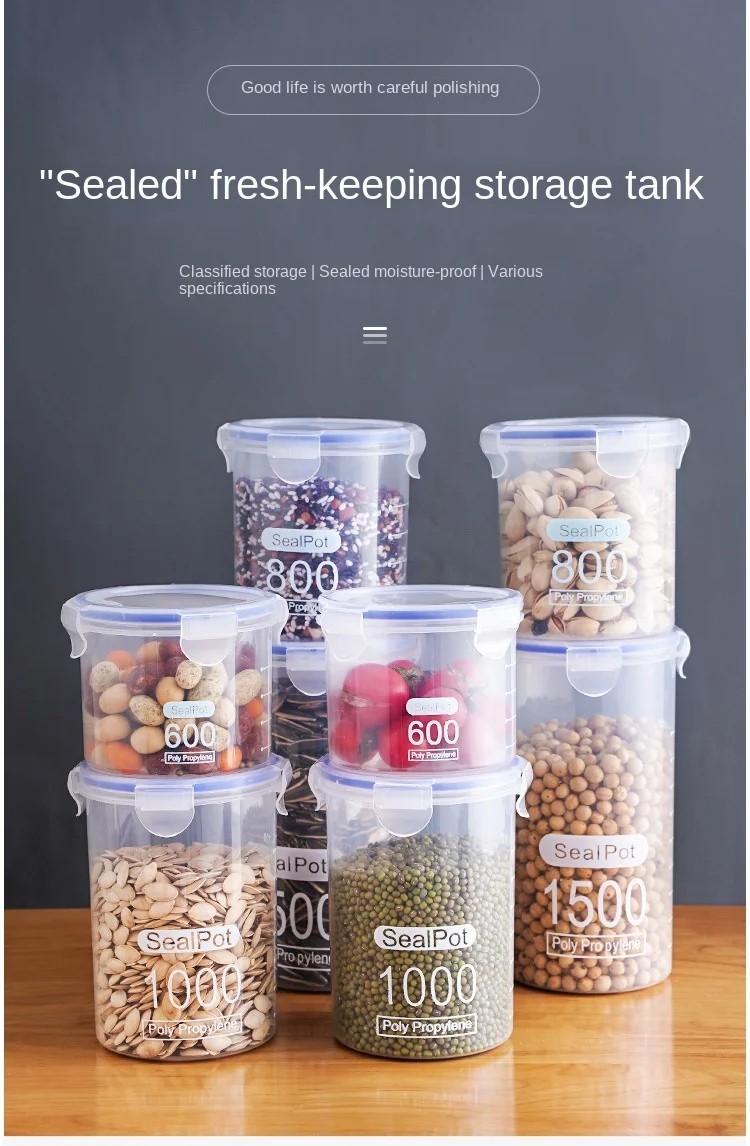 Airtight Grain Storage Container Clear Food Jar Kitchen Organizer 600-1500ML