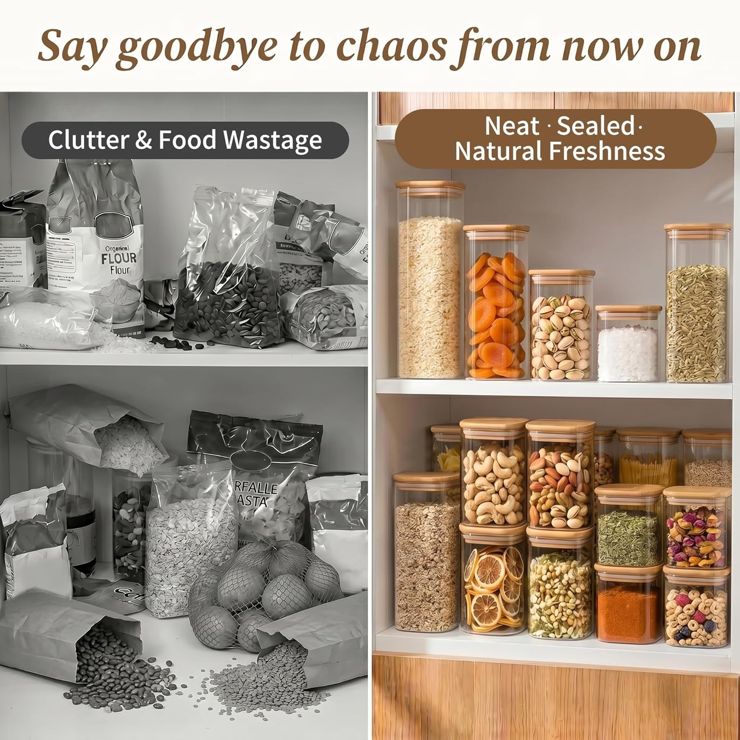 37 Oz Glass Storage Jars with Bamboo Lids – 6 Pack Clear Glass Canisters Square