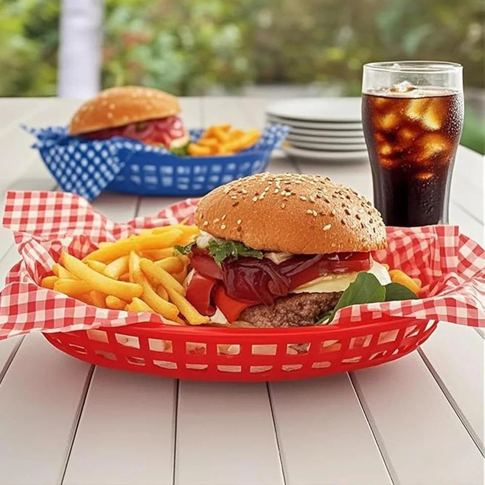 60 Pack Oval Fast Food Baskets 9 x 5.6 Inch Red Plastic Serving Baskets for B…