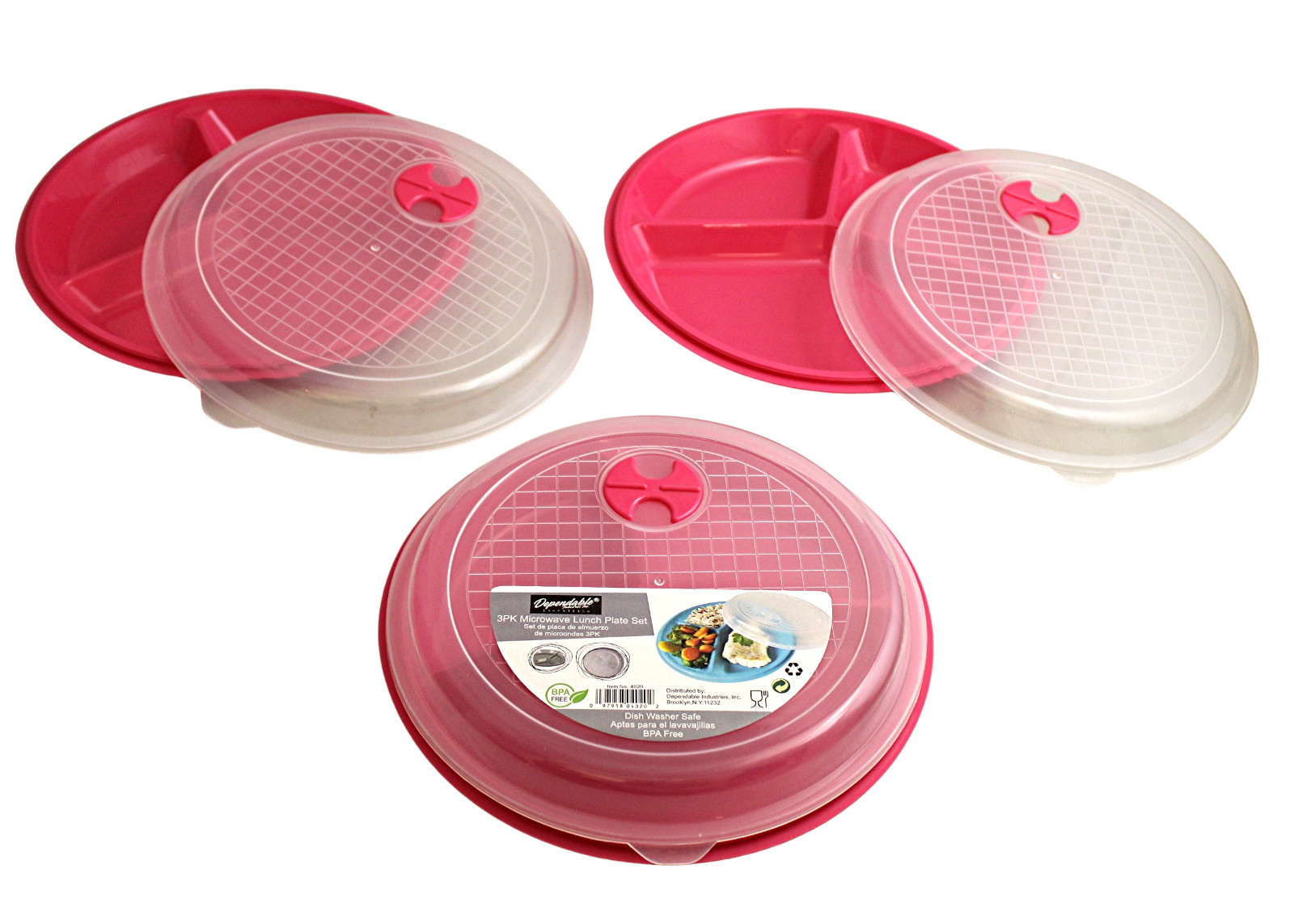 3 Pack Divided Meal Prep Containers, Microwave Plates w/ Vented Lids Pink