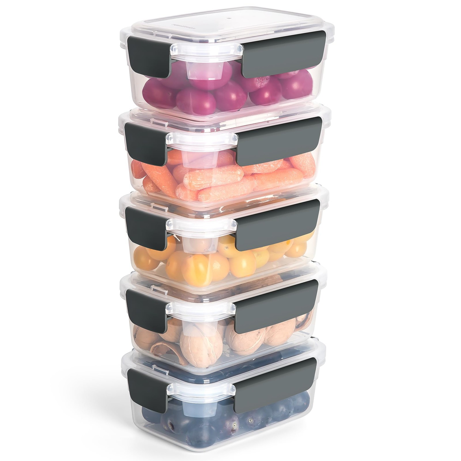 3~Cup Plastic Food Storage Containers with Lids, Nestable, 5~Pack