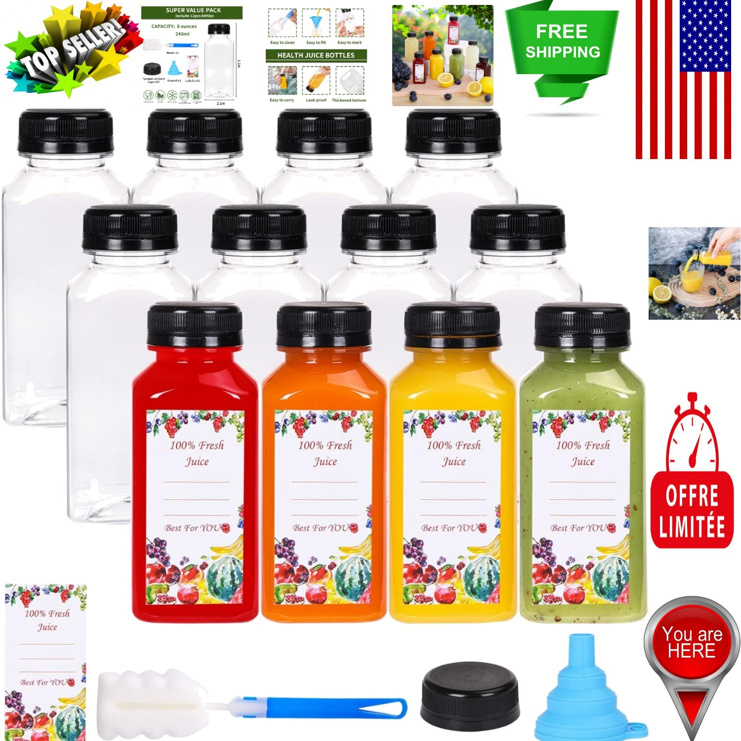 12pc Set of 8oz Reusable Plastic Juice Bottles with Caps & Accessories