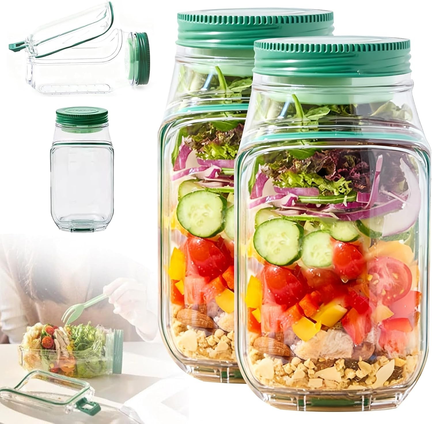 2 Pack Salad Jar Plastic Mason Jar with Side Opening Fruit Storage Box