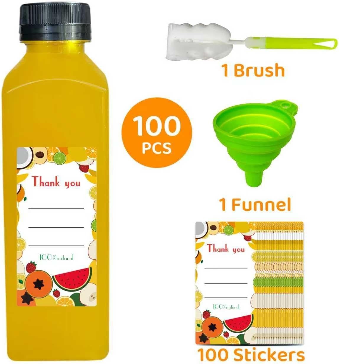 100PCS 16oz Plastic Juice Bottles with Lids Clear Reusable Beverage Set