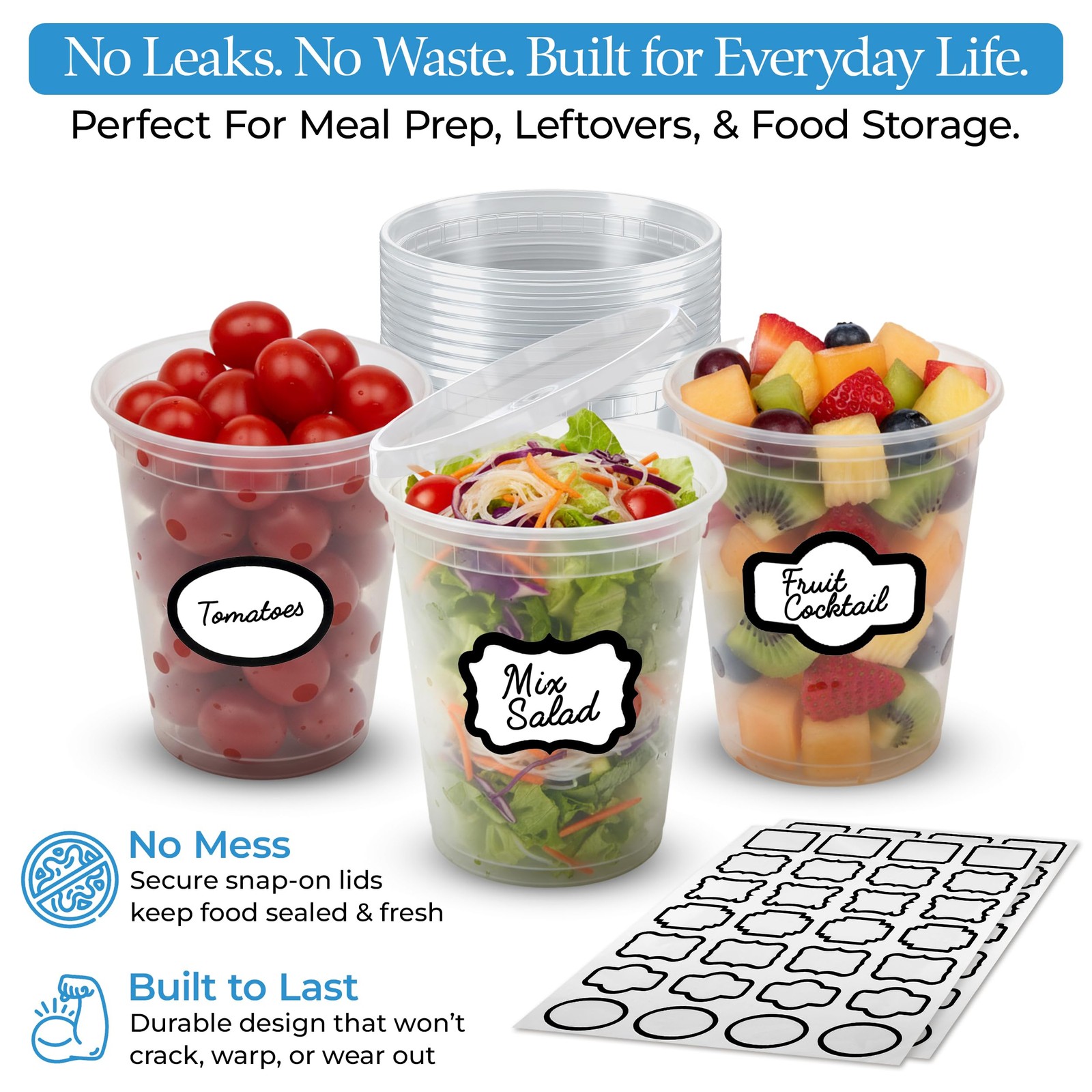[50 Sets] 32 oz Deli Containers with Lids & Two (2) Label Sheets – Leakproof …