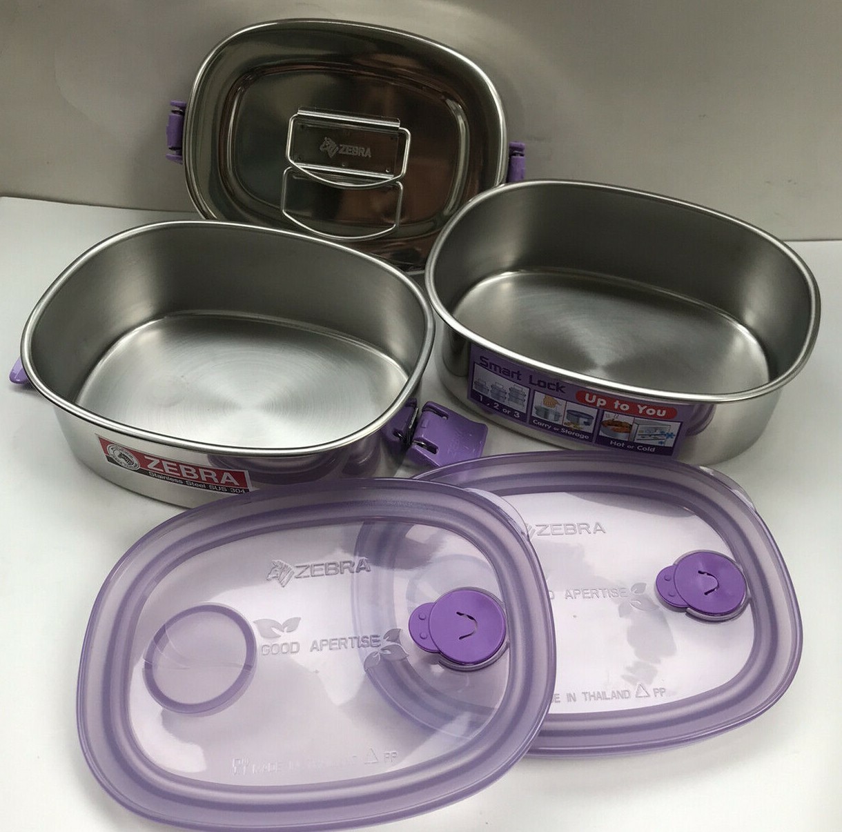 Thai Zebra Brand Oval Lunch Box Smart Lock Airtight Stainless 16 cm X 2 Stacks