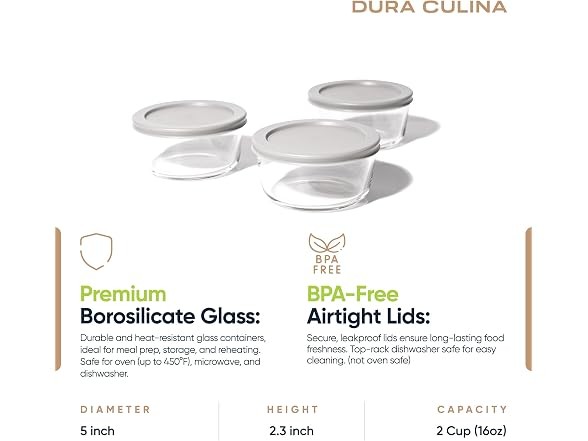 DURA LIVING 6-Piece Glass Food Storage Containers Set Grey 6 Piece Set (16oz)