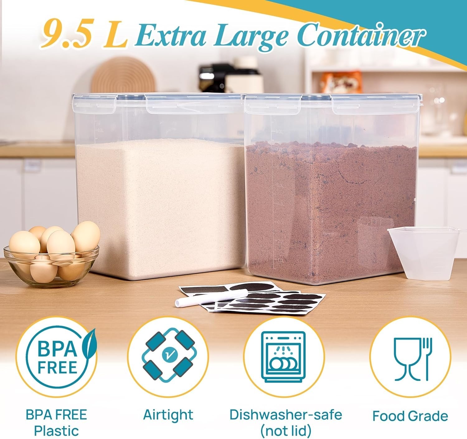 2 Pack 9.5L Black Airtight Food Storage Containers for Flour, Sugar, Rice