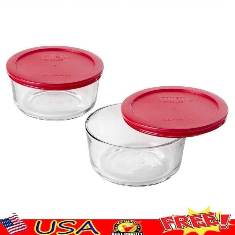 2 Pack Round Glass Storage Dishes W/ Plastic Lids Microwave Dishwasher Safe New