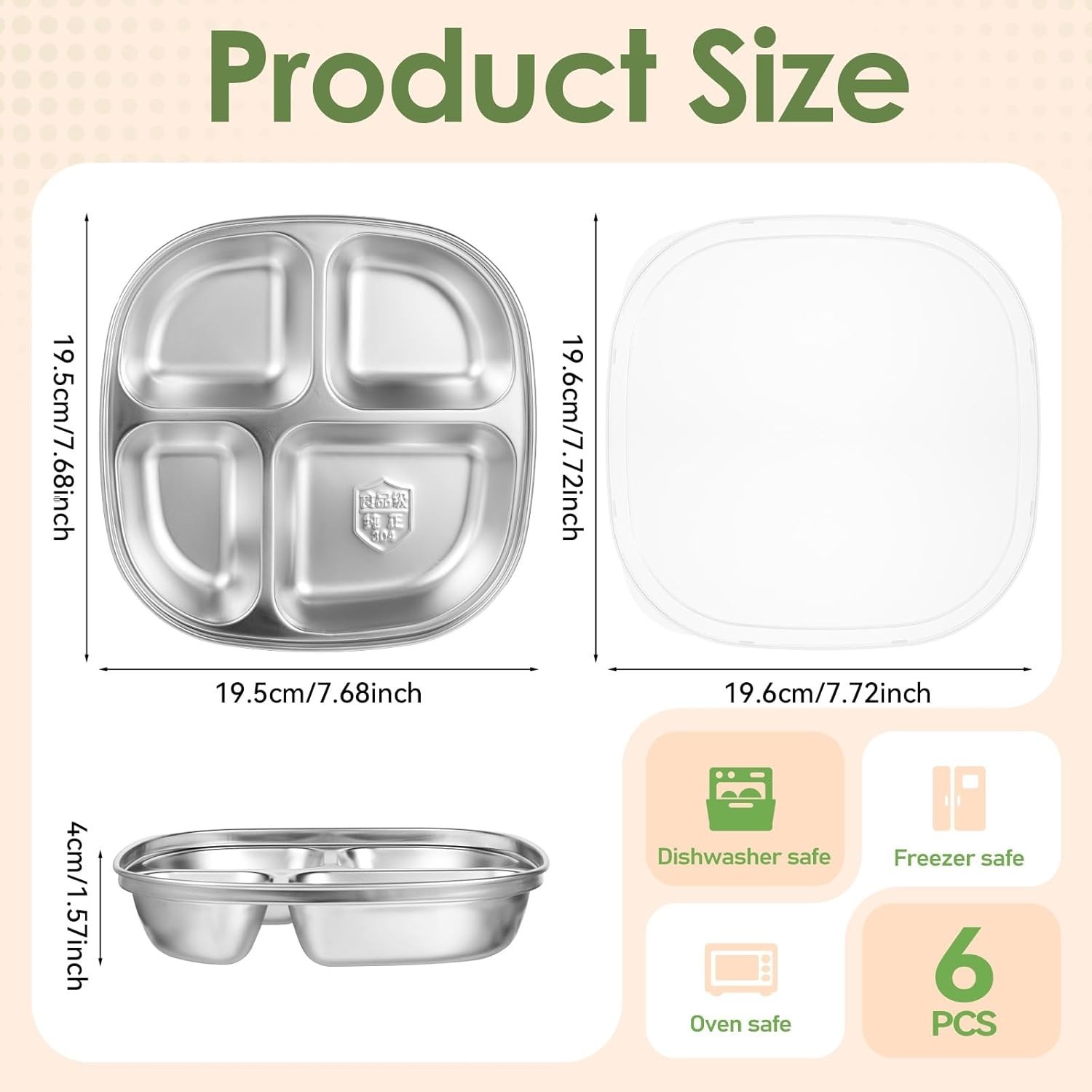 Dishwasher Safe 6-Pack Stainless Steel Lunch Box with 4 Compartments for Snacks