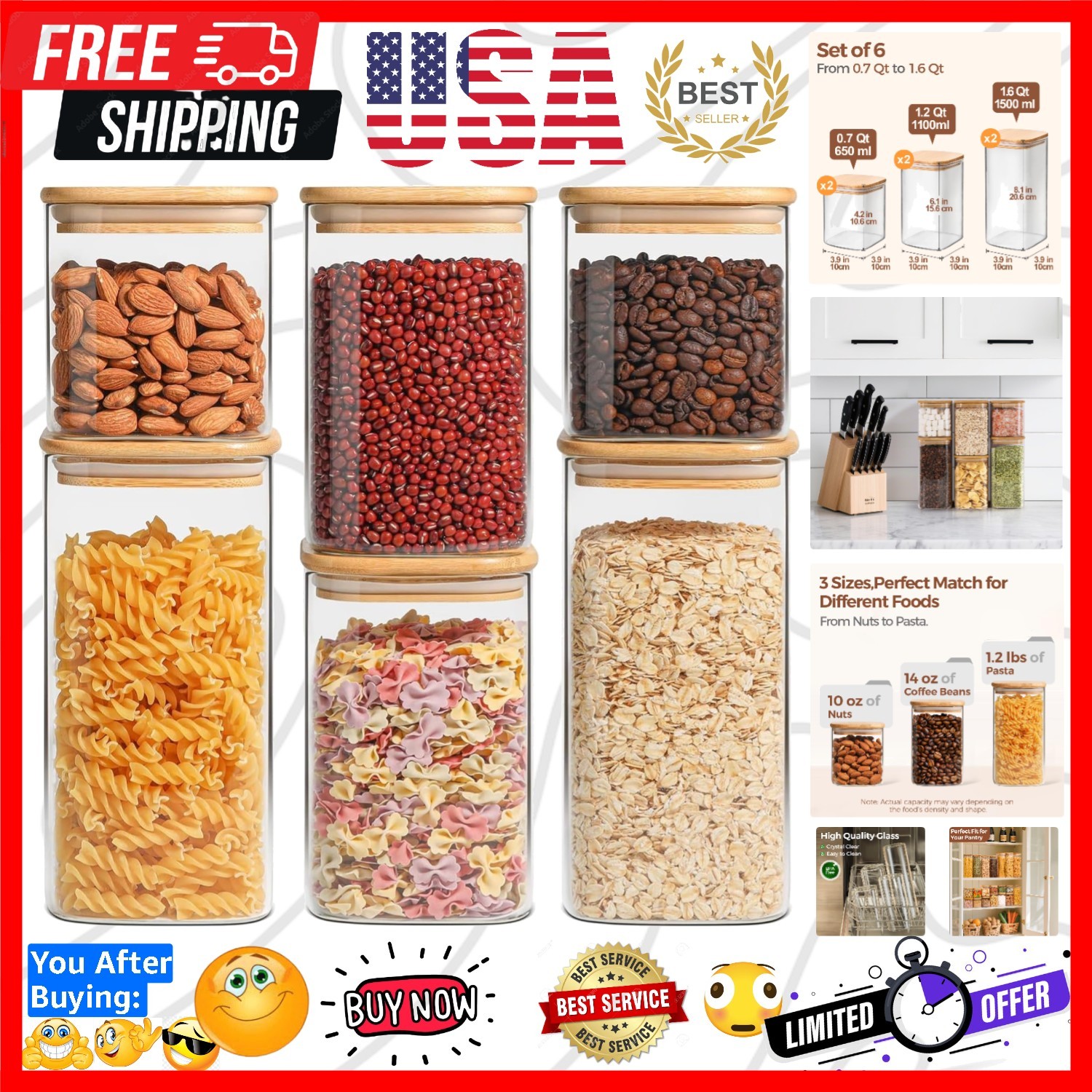 Glass Pantry Storage Containers 0.7Qt/1.2Qt/1.6Qt Set of 6, Glass Storage Con…