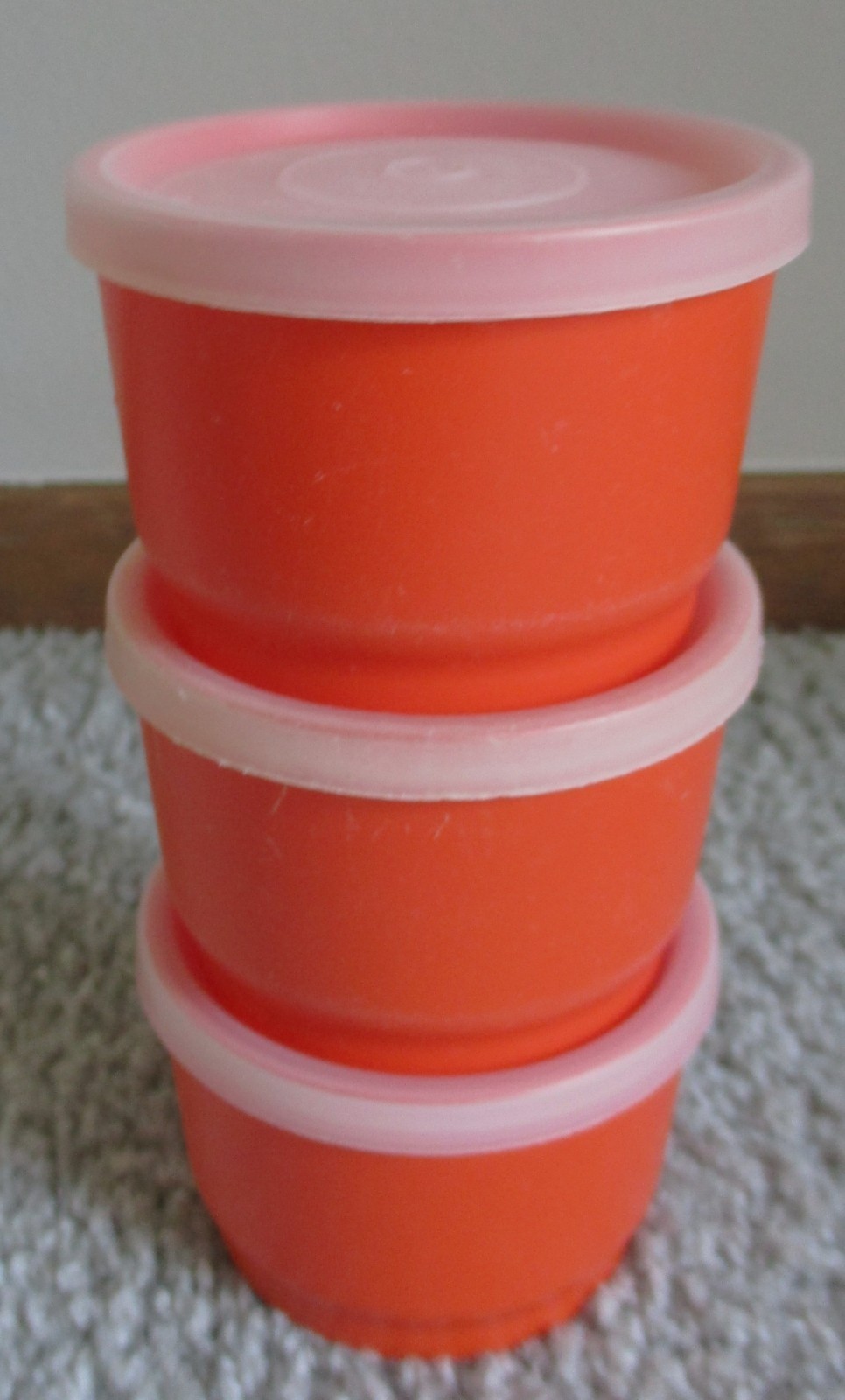 Vintage Tupperware Set of 3-Orange Snack Cups-4 oz. #1229 & Lid Seals #297