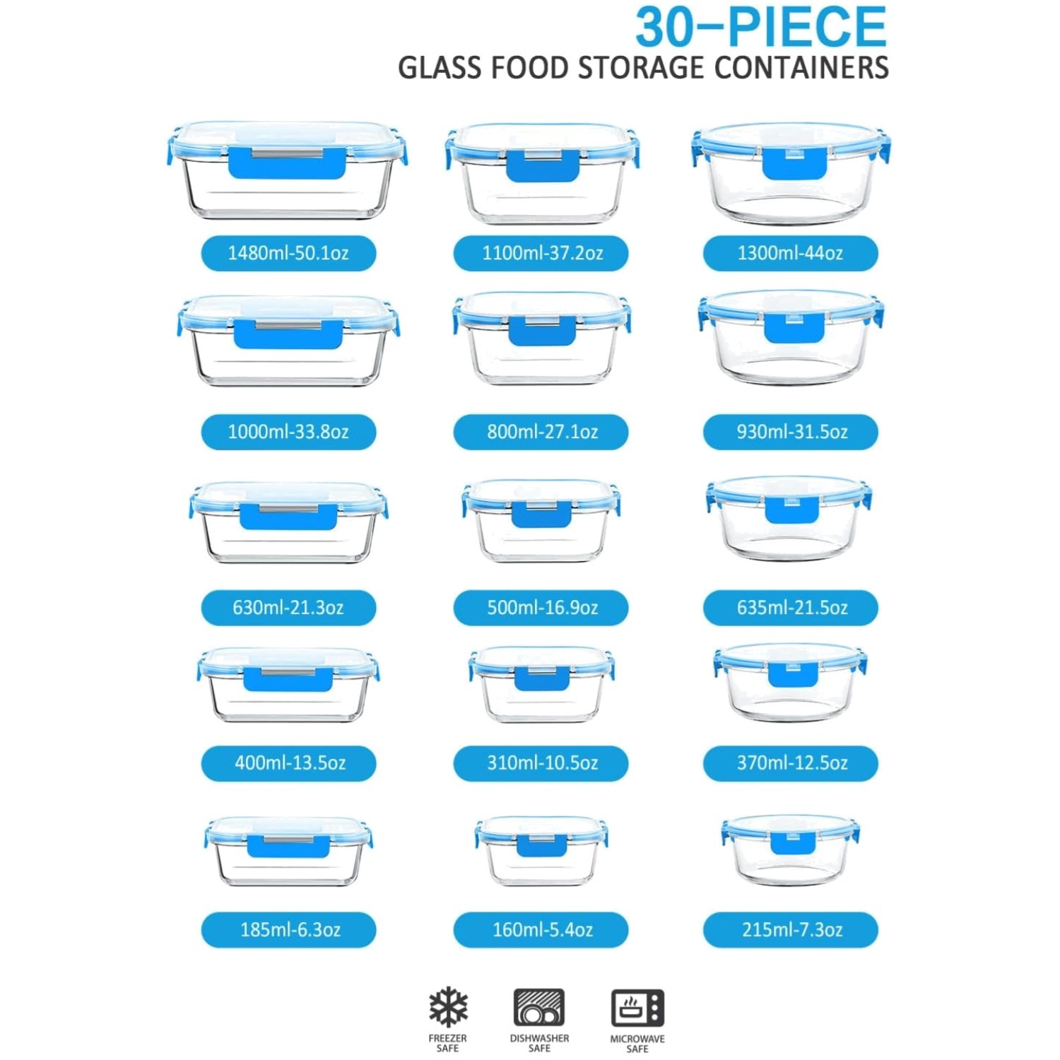 30-Piece Glass Meal Prep Containers, Dishwasher Safe