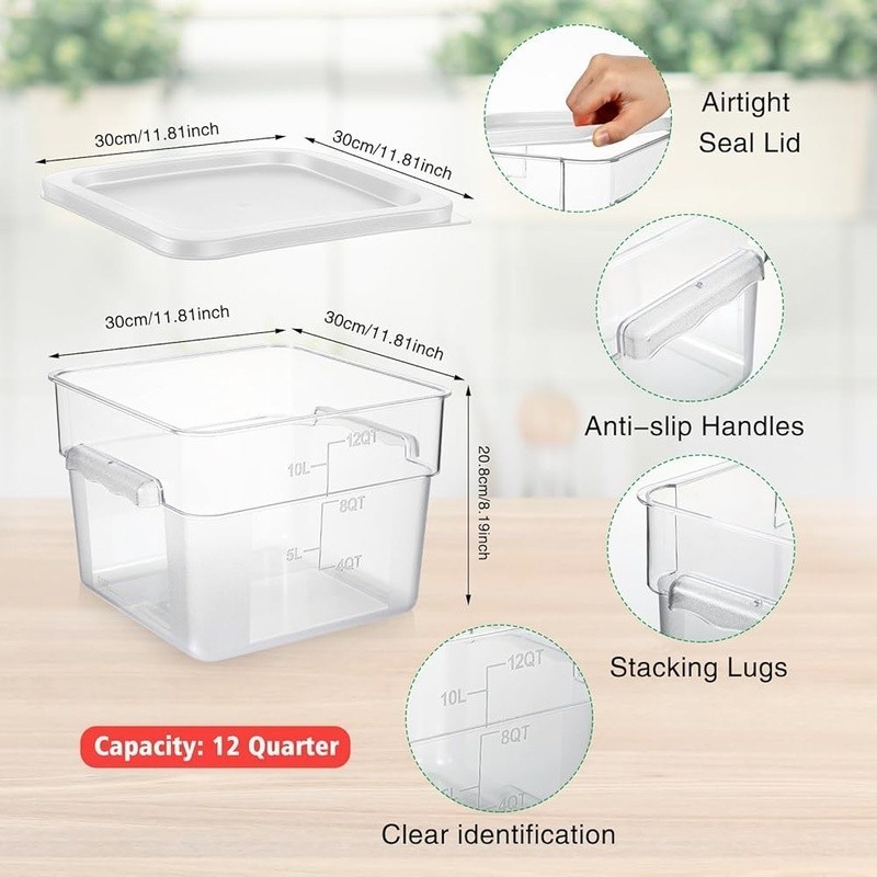 12qt Food Storage Containers W/ Lids Sturdy Polycarbonate W/ Handles Easy Clean